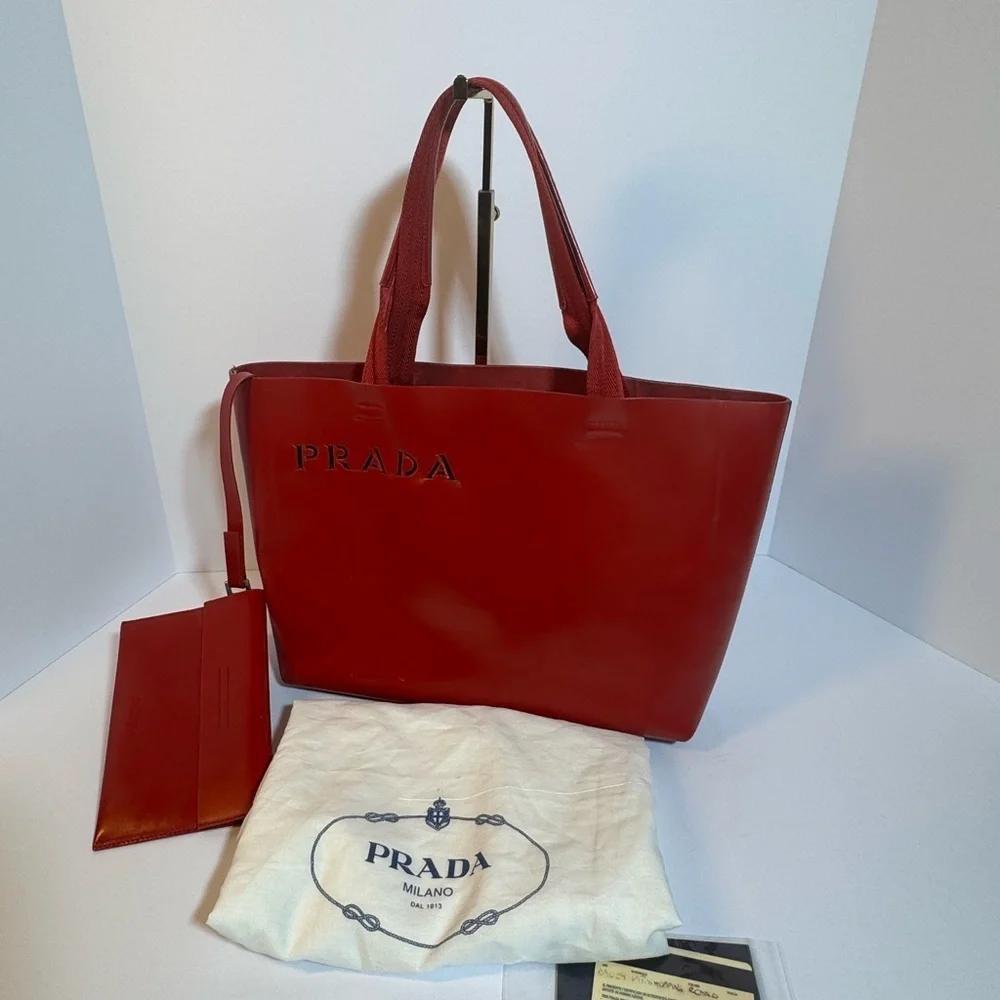 AUTHENTIC Prada Red Leather Tote Bag w/ Pouch